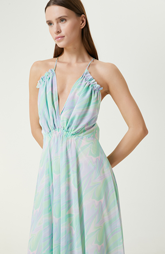 Yeşil Desenli Maksi Abiye Elbise