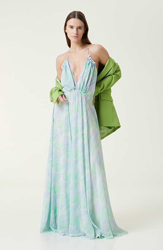 Yeşil Desenli Maksi Abiye Elbise