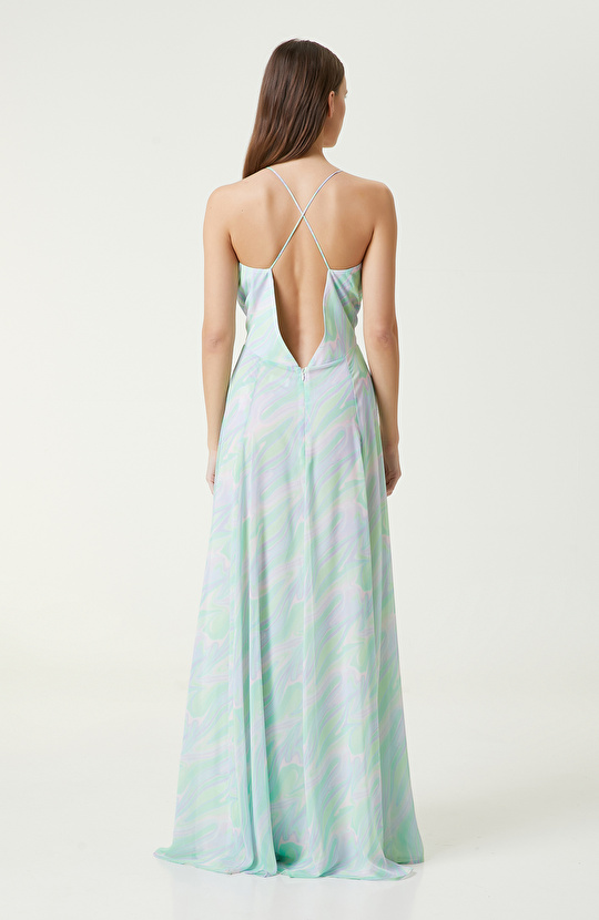 Yeşil Desenli Maksi Abiye Elbise