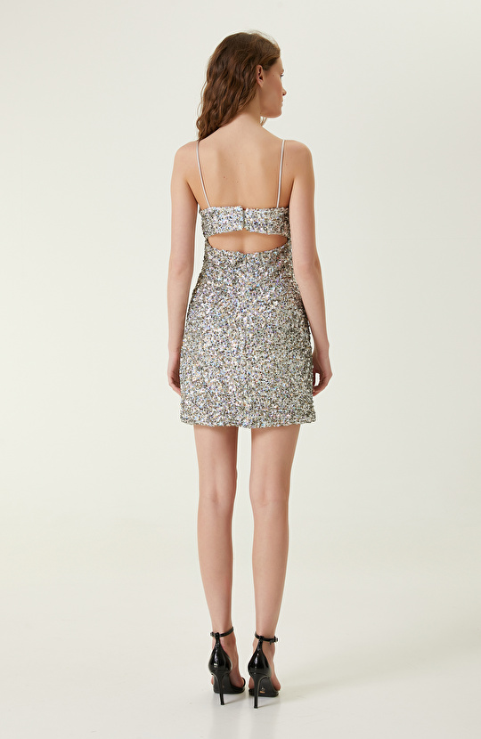 Gümüş Rengi Payetli Mini Abiye Elbise