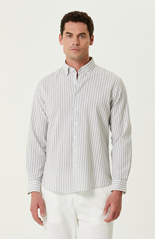 Gri Beyaz Çizgi Desenli Keten Gömlek