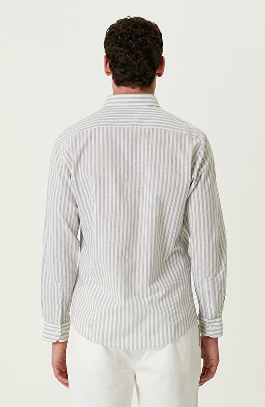 Gri Beyaz Çizgi Desenli Keten Gömlek