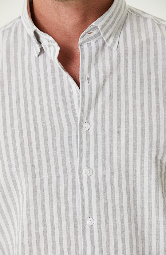 Gri Beyaz Çizgi Desenli Keten Gömlek