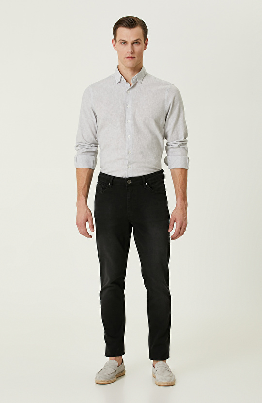 Gri Çizgili Keten Karışımlı Gömlek