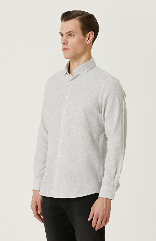 Gri Çizgili Keten Karışımlı Gömlek