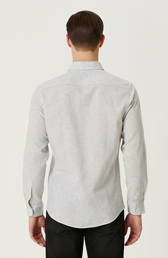 Gri Çizgili Keten Karışımlı Gömlek