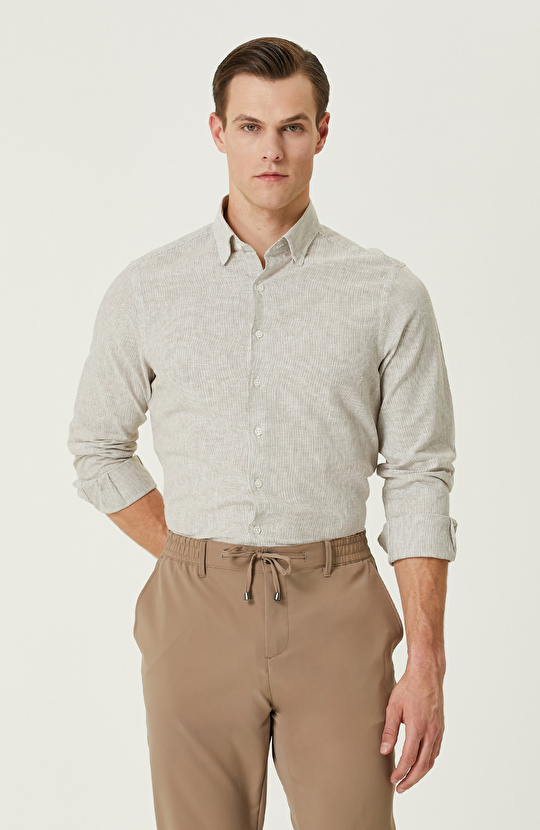 Vizon Çizgili Keten Karışımlı Gömlek