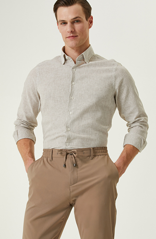 Vizon Çizgili Keten Karışımlı Gömlek