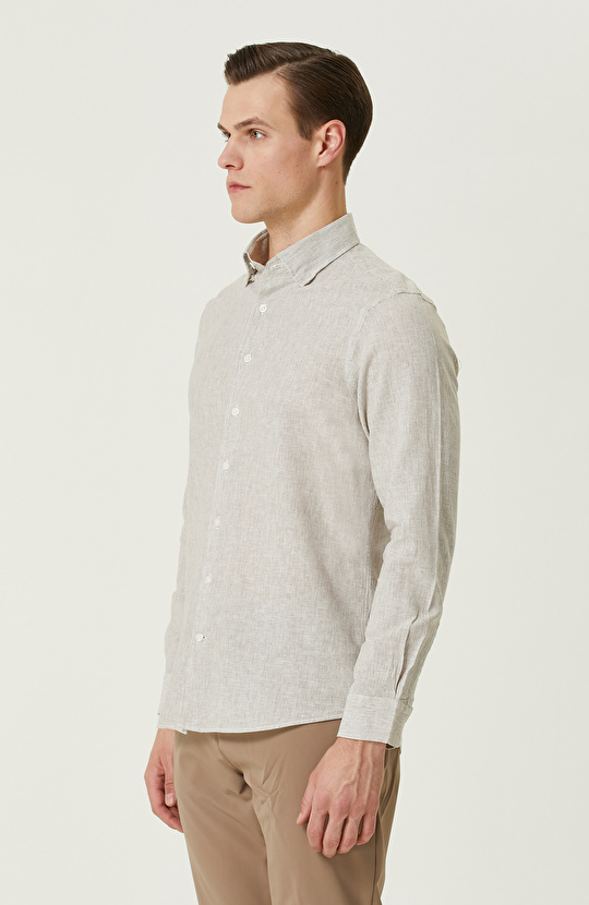 Vizon Çizgili Keten Karışımlı Gömlek