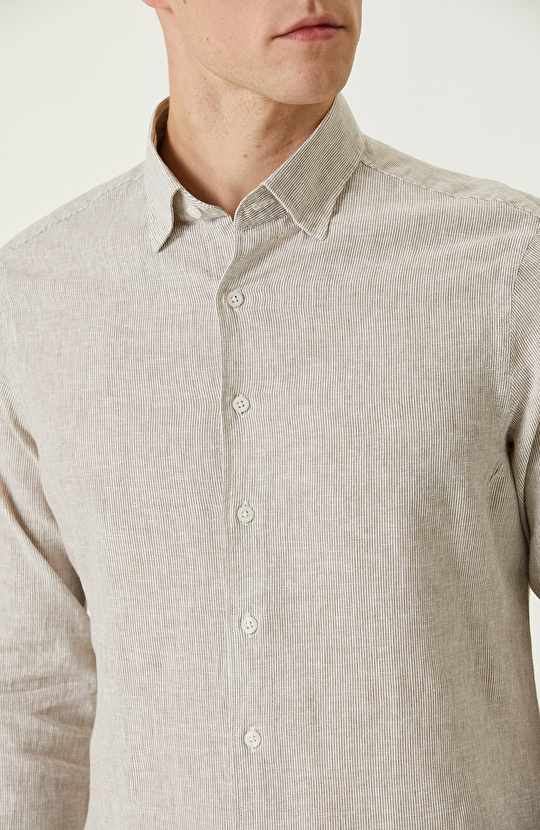 Vizon Çizgili Keten Karışımlı Gömlek
