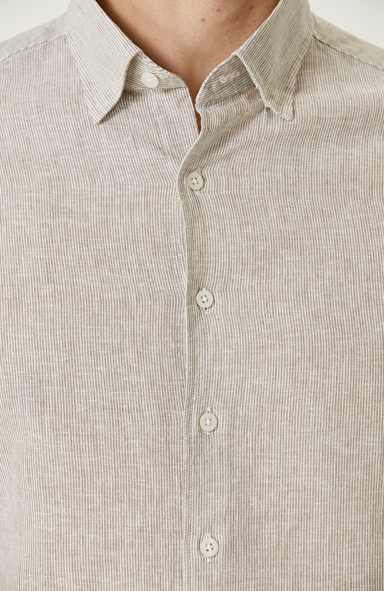 Vizon Çizgili Keten Karışımlı Gömlek