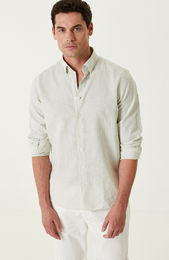 Su Yeşili Keten Karışımlı Gömlek