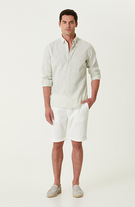 Su Yeşili Keten Karışımlı Gömlek