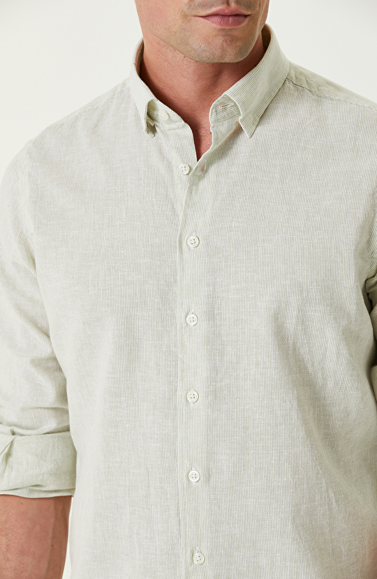 Su Yeşili Keten Karışımlı Gömlek