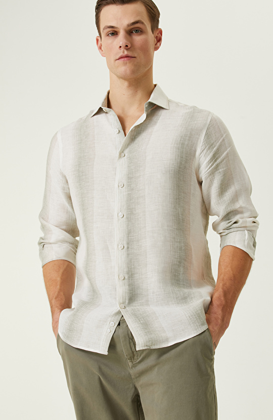Ekru Haki Çizgi Desenli Keten Gömlek