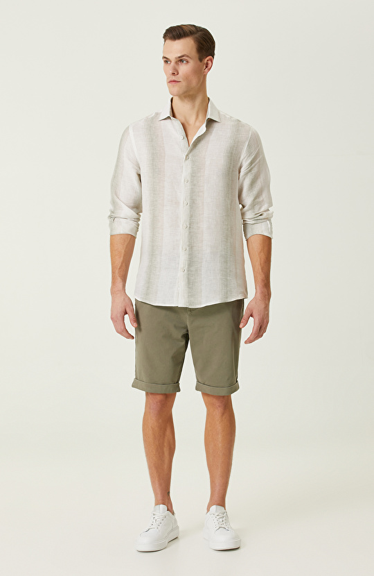 Ekru Haki Çizgi Desenli Keten Gömlek