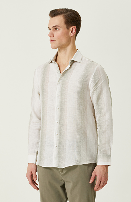 Ekru Haki Çizgi Desenli Keten Gömlek