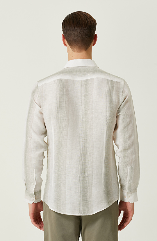 Ekru Haki Çizgi Desenli Keten Gömlek