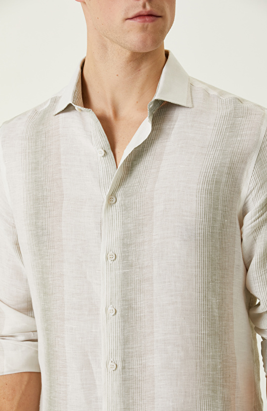 Ekru Haki Çizgi Desenli Keten Gömlek