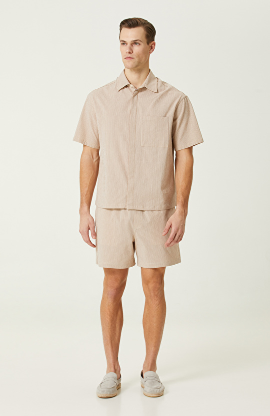 Bej Çizgili Keten Gömlek
