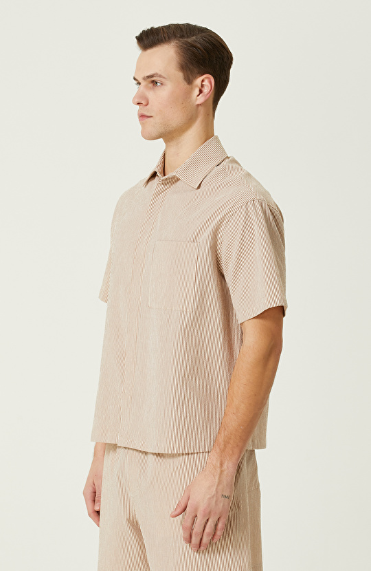 Bej Çizgili Keten Gömlek