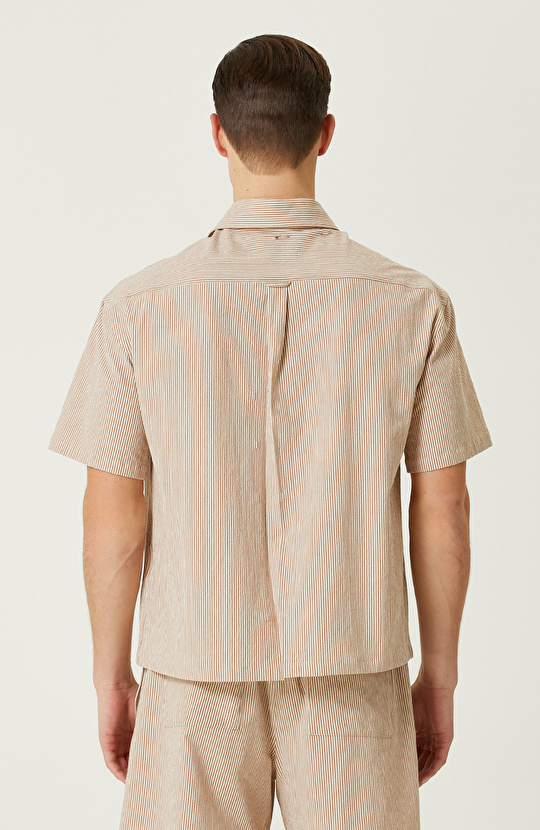 Bej Çizgili Keten Gömlek