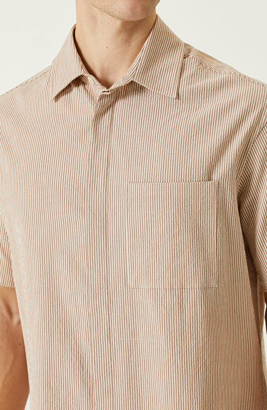 Bej Çizgili Keten Gömlek
