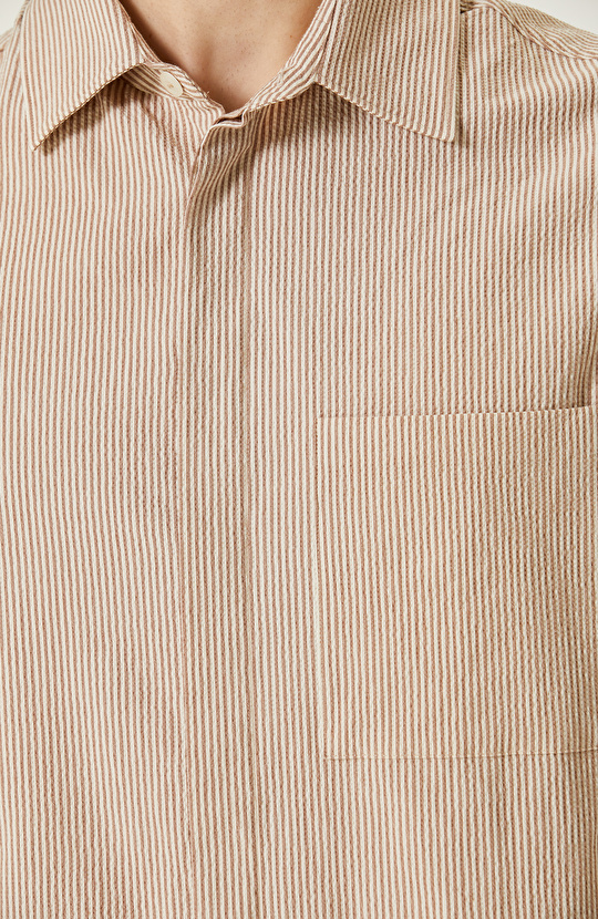 Bej Çizgili Keten Gömlek