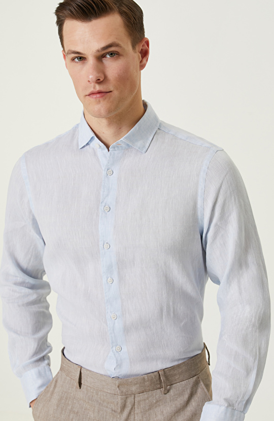 Açık Mavi Keten Gömlek