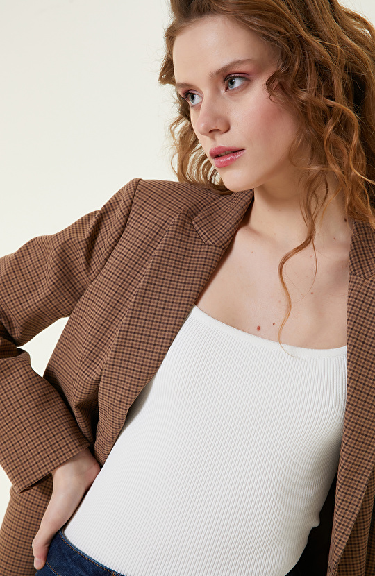 Camel Ekose Desenli Kruvaze Blazer Ceket