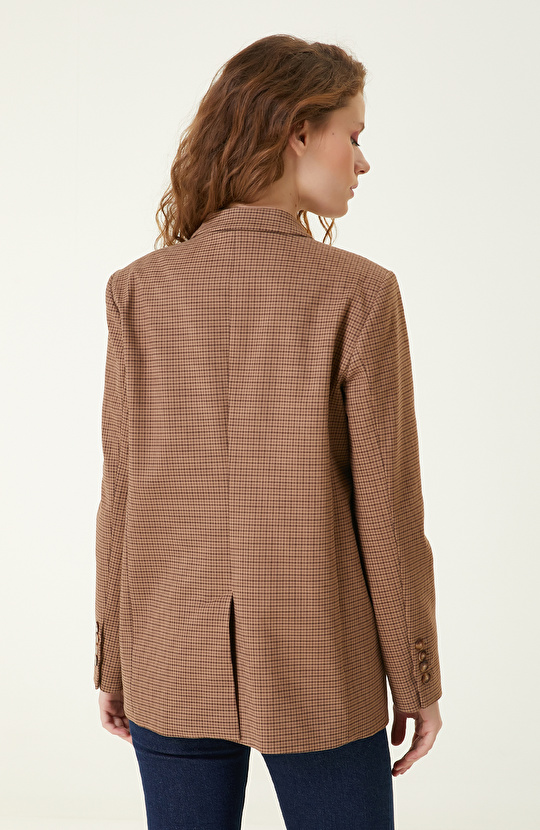 Camel Ekose Desenli Kruvaze Blazer Ceket