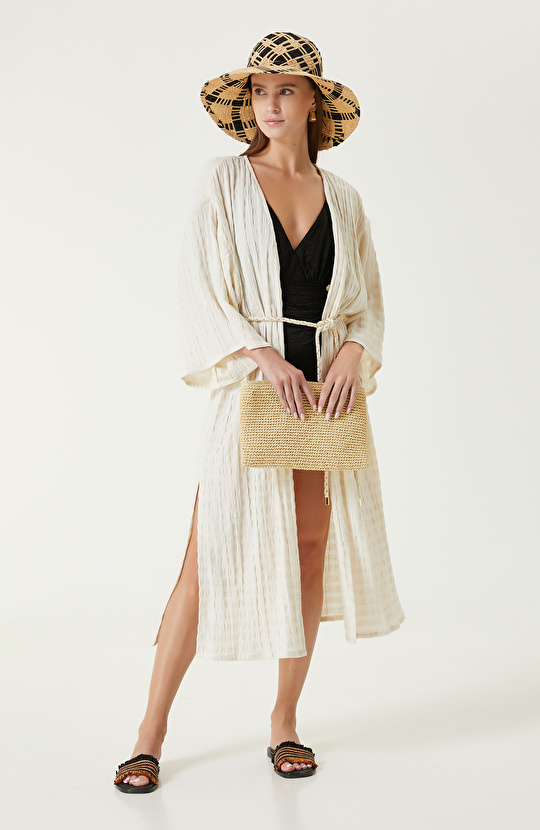 Ekru Bej Çizgili Kaftan