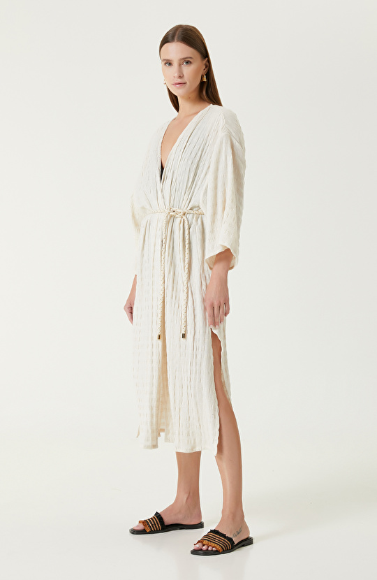 Ekru Bej Çizgili Kaftan
