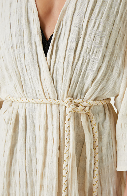 Ekru Bej Çizgili Kaftan