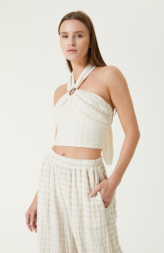 Ekru Bej Çizgili Plaj Bluz