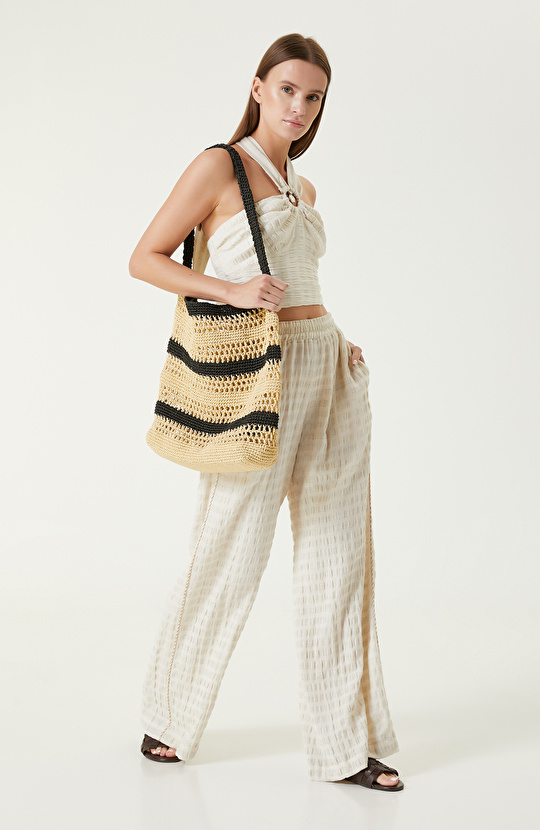 Ekru Bej Çizgili Plaj Bluz