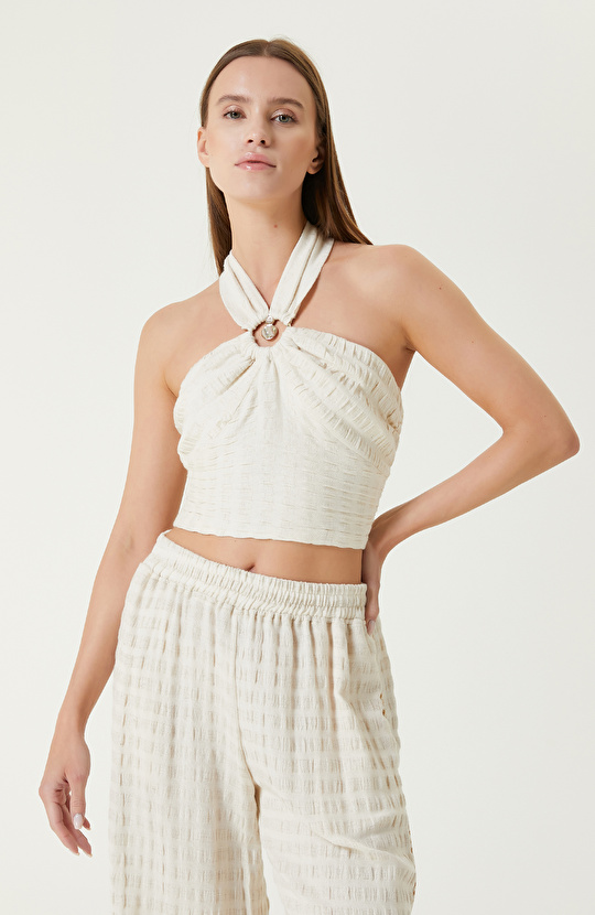 Ekru Bej Çizgili Plaj Bluz