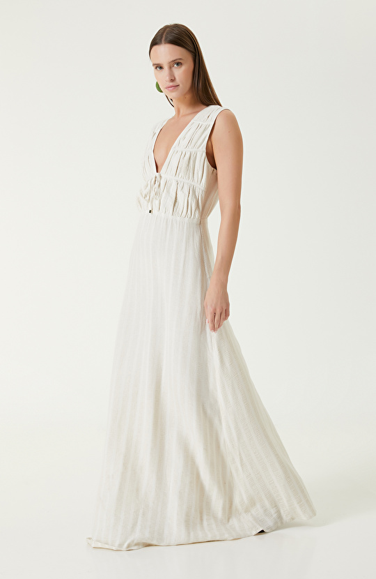 Ekru Bej Çizgili Plaj Elbisesi