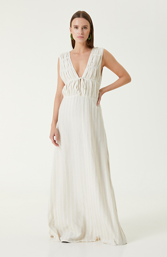 Ekru Bej Çizgili Plaj Elbisesi