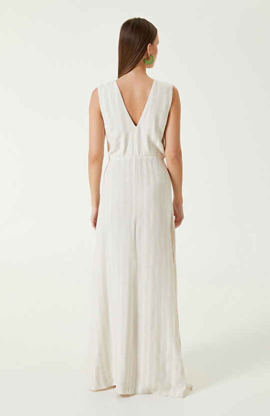 Ekru Bej Çizgili Plaj Elbisesi