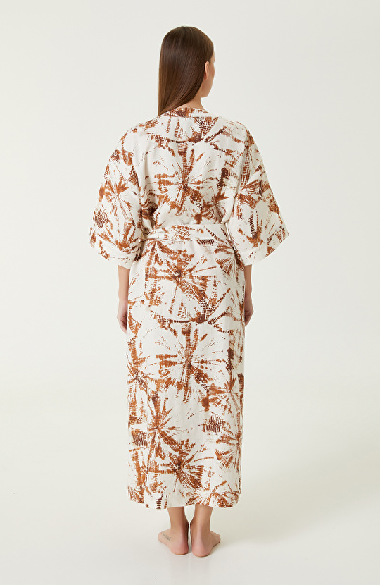 Ekru Kiremit Desenli Keten Kaftan