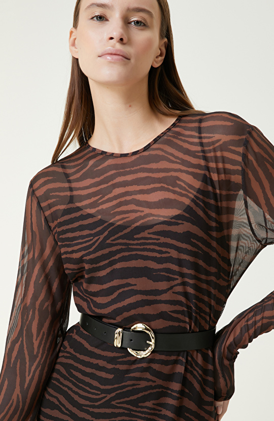 Kahverengi Zebra Desenli Maxi Elbise