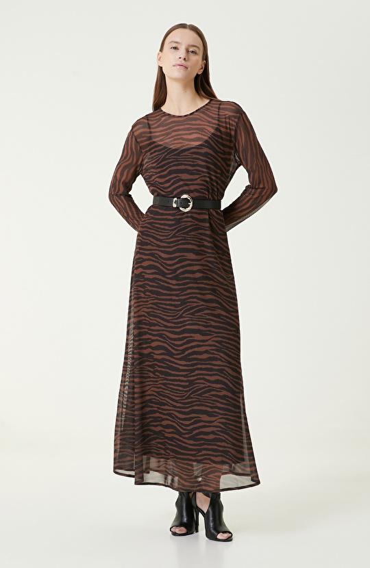 Kahverengi Zebra Desenli Maxi Elbise