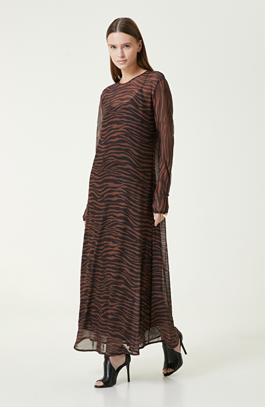 Kahverengi Zebra Desenli Maxi Elbise