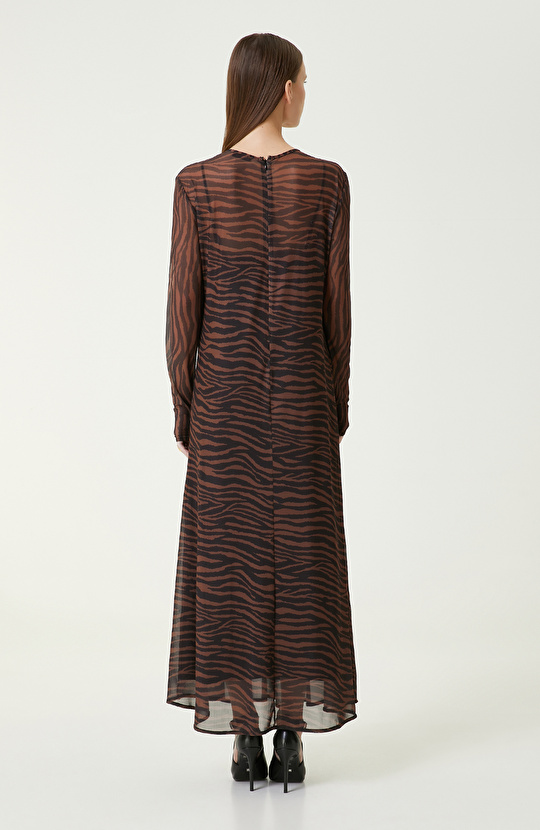 Kahverengi Zebra Desenli Maxi Elbise