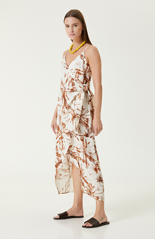 Kiremit Çizgili Keten Elbise