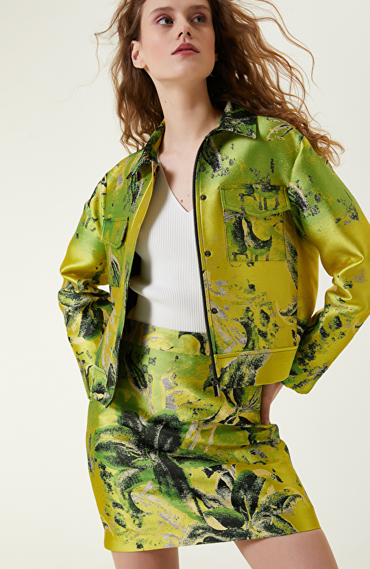 Yeşil Jakar Desenli Mini Etek