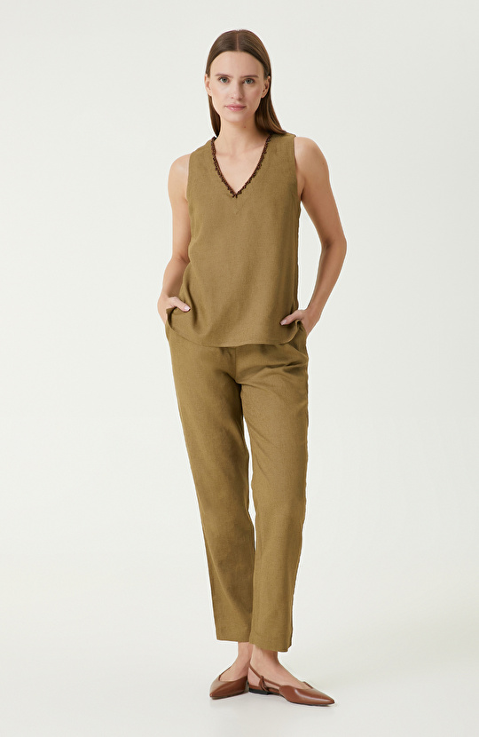 Haki Kadın Keten Mix Bluz