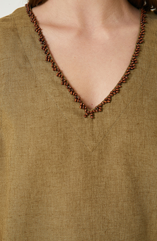 Haki Kadın Keten Mix Bluz