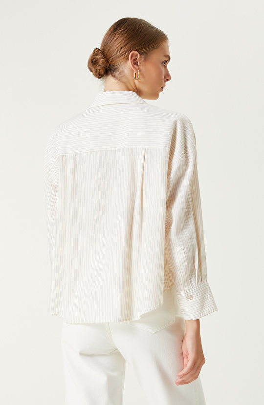 Kırık Beyaz Bej Çizgi Desenli Gömlek